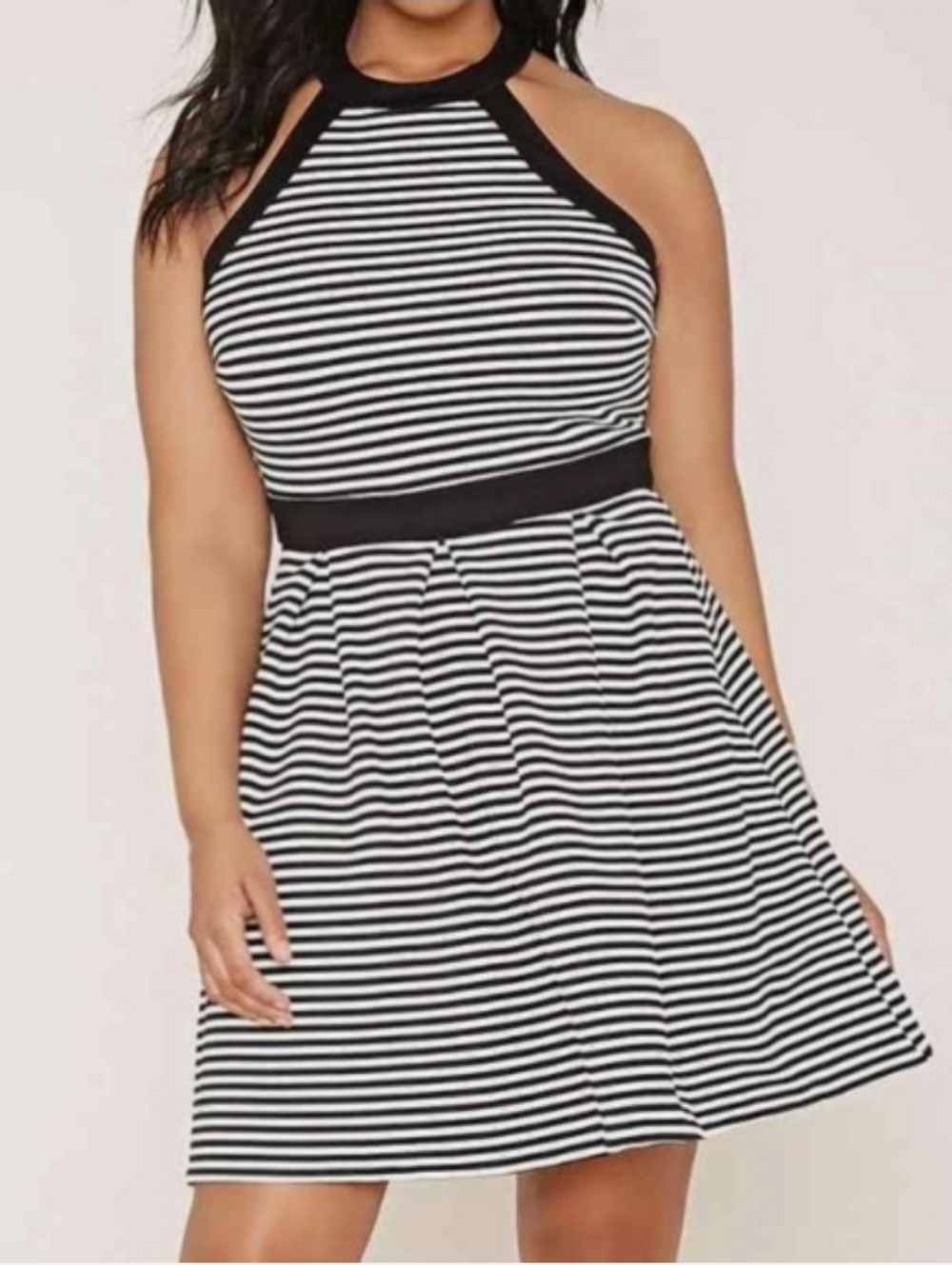 FOREVER 21 Stripe Black White Pleaded Halter Top Dress Size Large